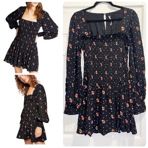 Free People Two Faces Smocked Mini Dress Floral in Black Combo Size Small